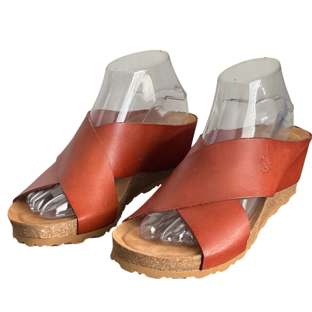 Yokono Spain Women Leather Cross-Strap Wedge Slide Sandals Cognac Tan Size 8